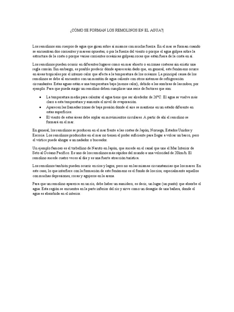 Cómo Se Forman Los Remolinos en El Agua PDF Herida Agua