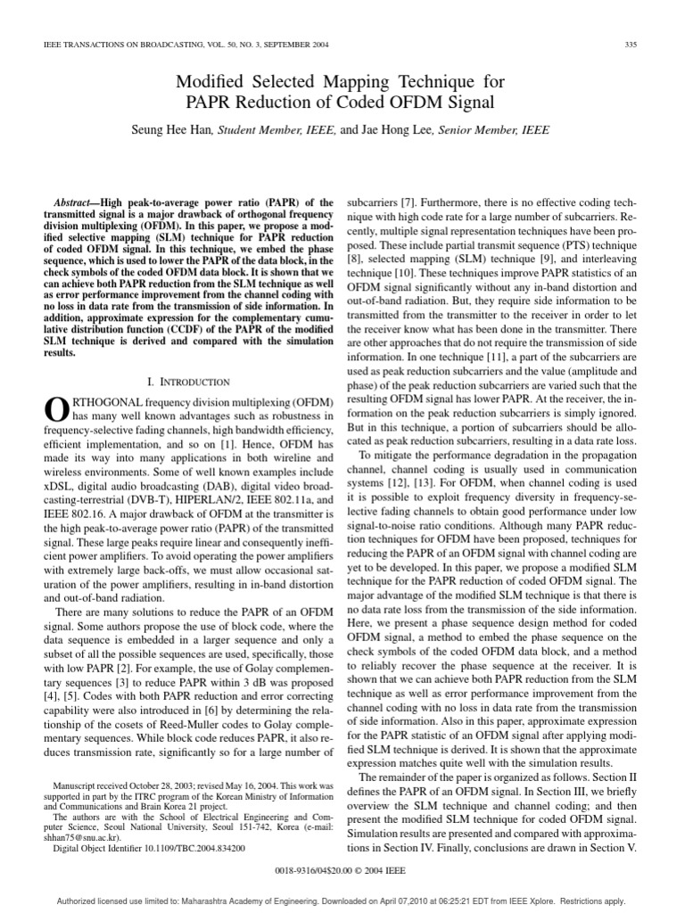 Modified Selected Mapping Technique For PAPR Reduction of Coded OFDM ...