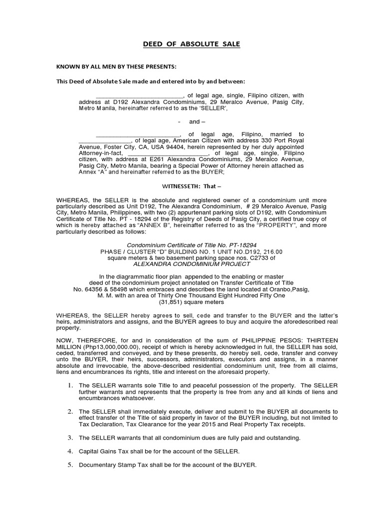New DEED OF ABSOLUTE SALE With SPA | PDF | Deed | Taxes