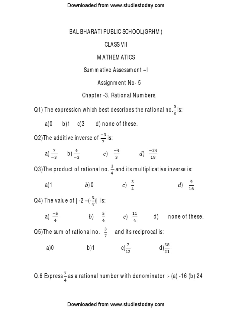 cbse class 7 maths worksheet pdf rational number fraction mathematics