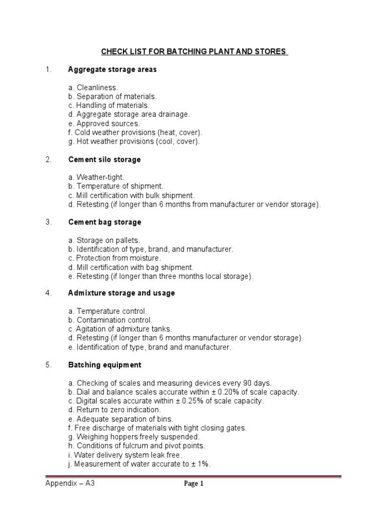 Appendix A3. Check List For Batching Plants and Storage Area | PDF ...