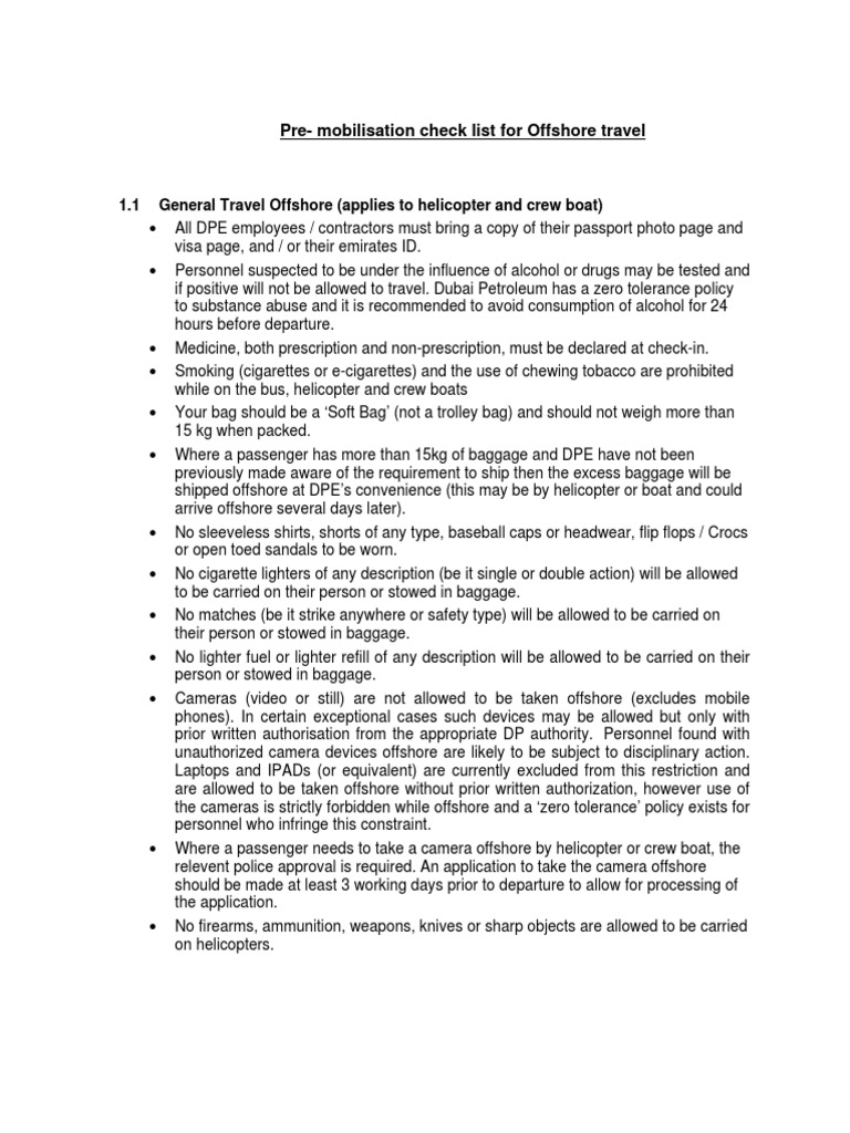 Offshore Travel Pre-Mobilization Checklist | PDF | Baggage