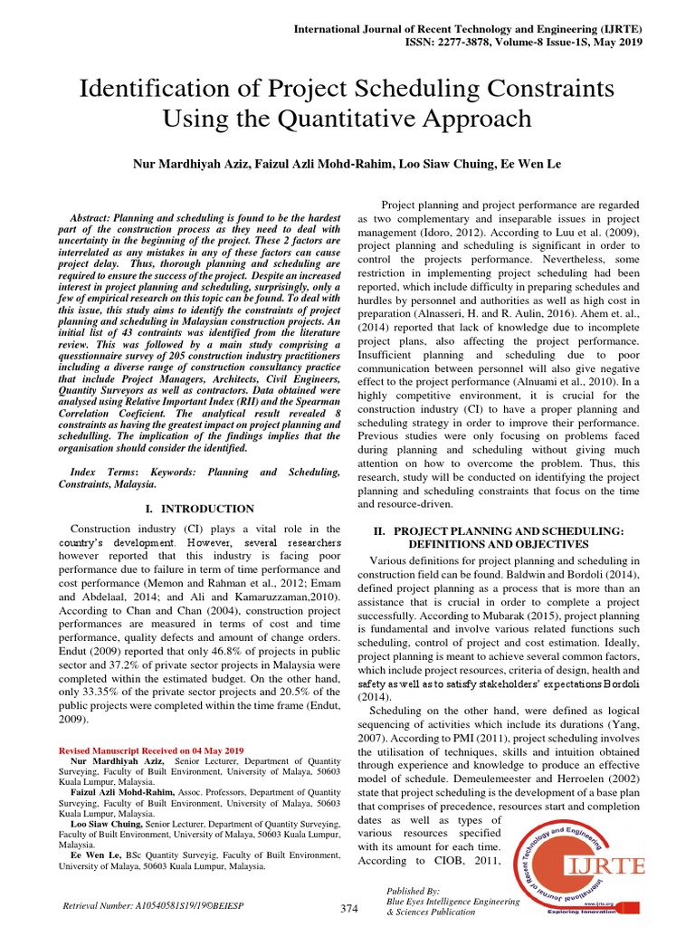 Journal - Identification of Project Scheduling Constraints | PDF ...