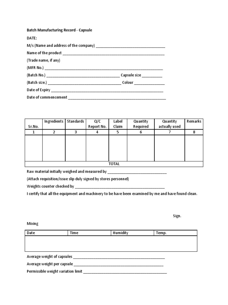 Capsule Batch Manufacturing Record Template | PDF | Business