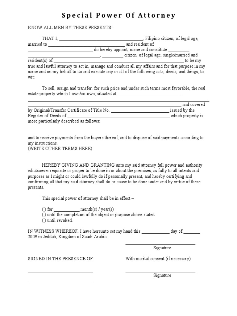 Special Power of Attorney Real Estate
