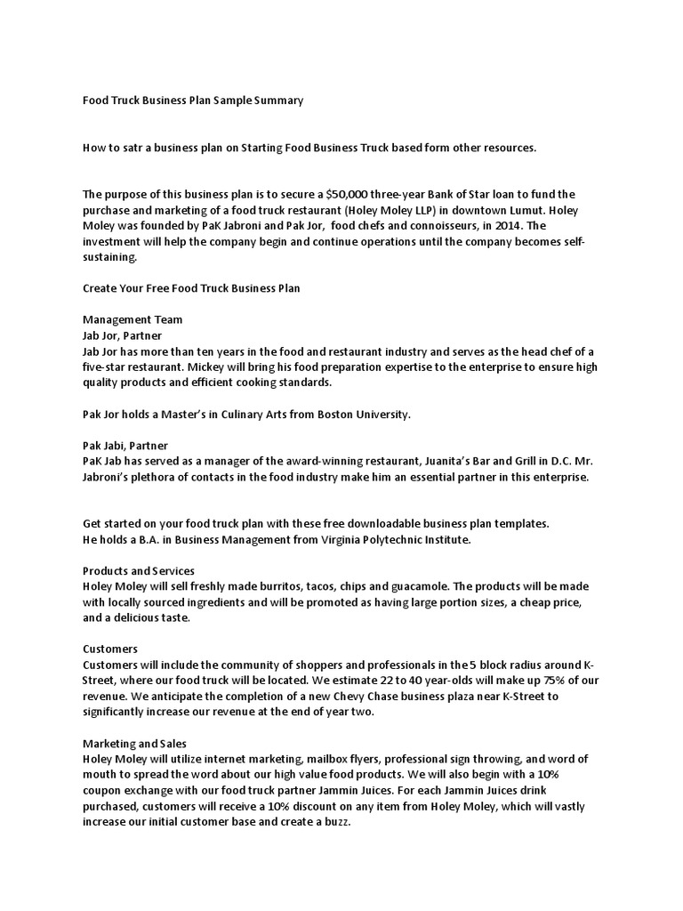 Food Truck Business Plan Sample Summary | PDF | Discounting | Foods