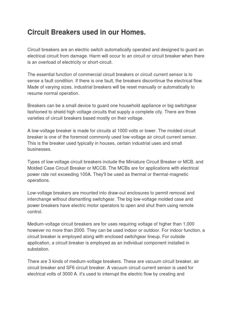 Circuit Breakers Used in Our Homes PDF Electrical Equipment