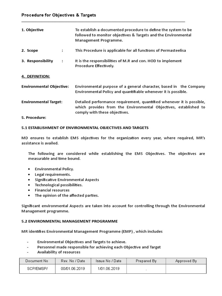 Procedure For Objectives and Targets PDF Environmental Policy