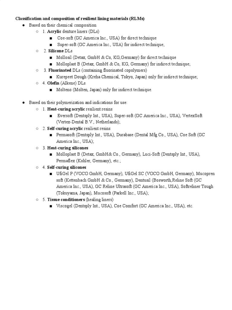 Classification and Composition of Resilient Lining Materials (RLMS) PDF Dentures Poly