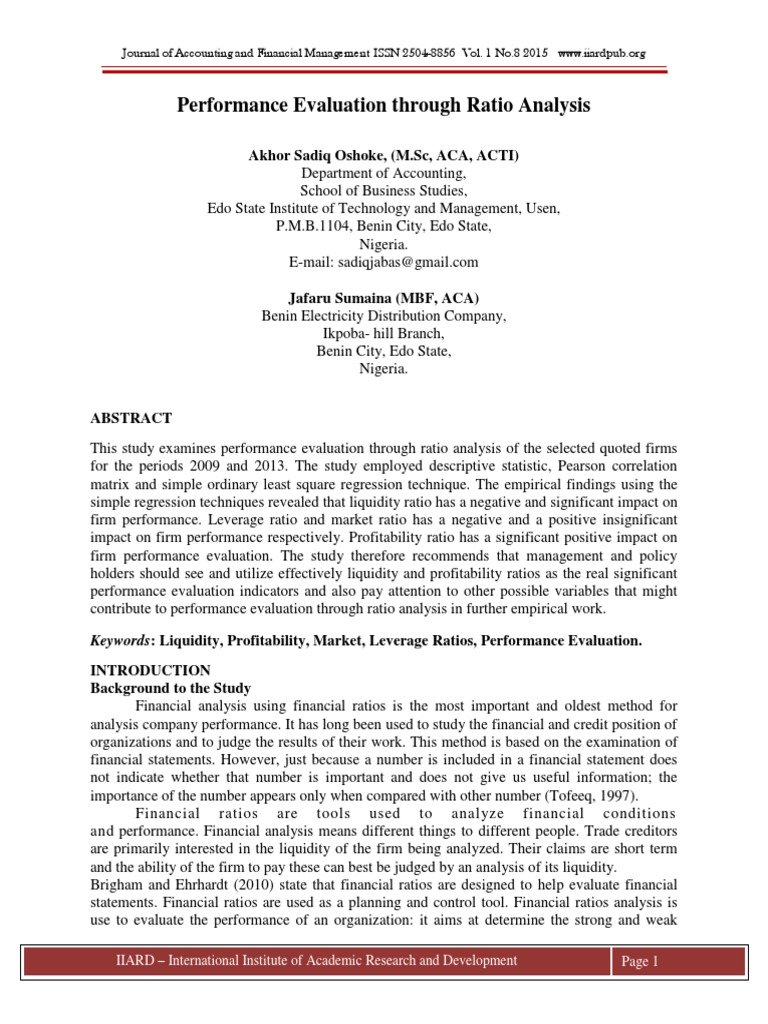 Ratio Analysis for Firm Performance Evaluation | PDF | Financial Ratio ...