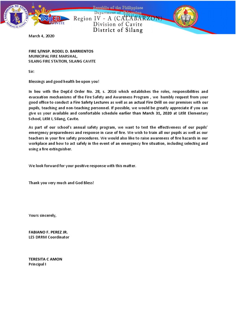 Request Letter For BFP Fire Drill Training Litlit PDF