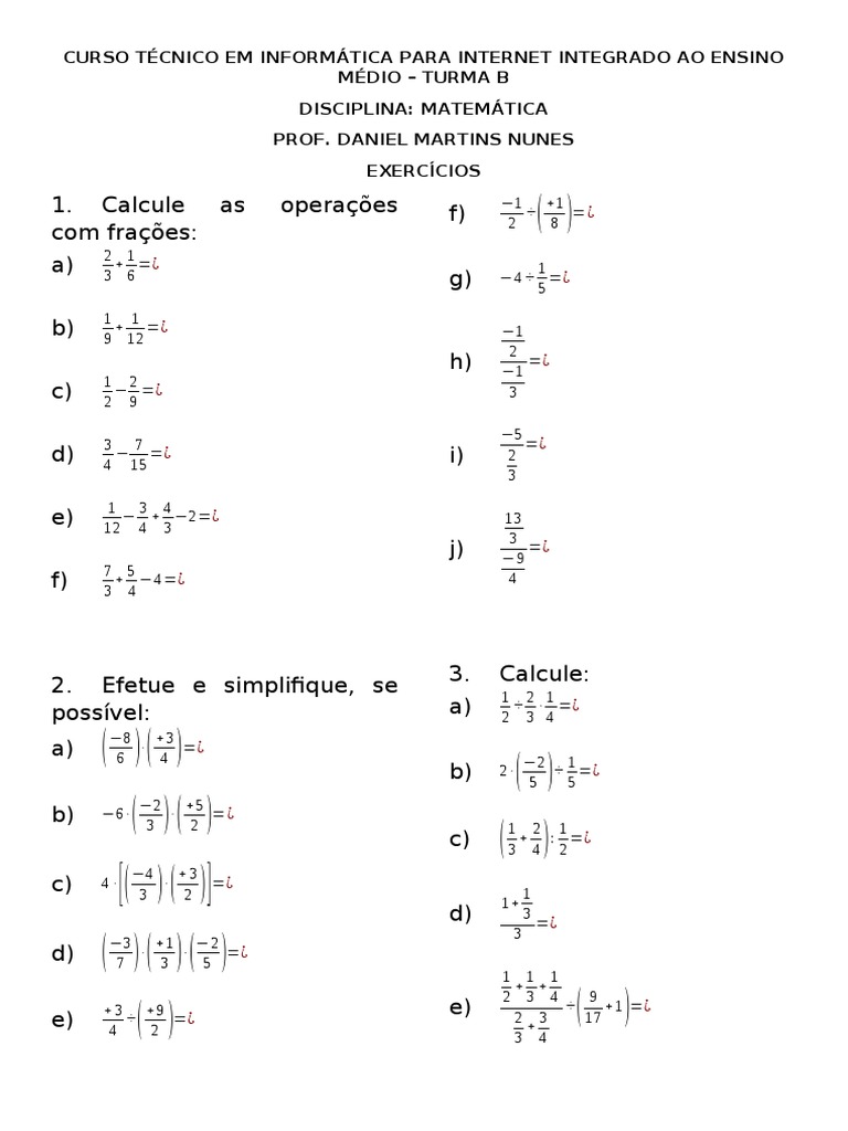 Exercícios - FRAÇÕES | PDF | Ensino de Matemática | Natureza