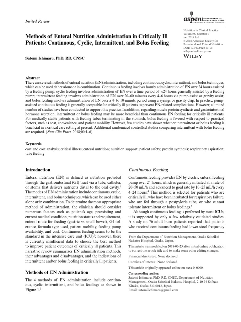 Methods of Enteral Nutrition Administration in Critically Ill Patients ...