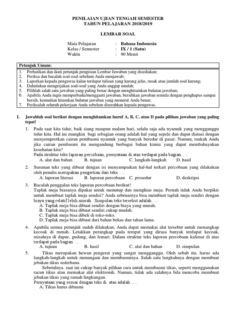 Soal Ujian Bahasa Indonesia Kelas 9 | PDF | Seni & Disiplin Bahasa ...