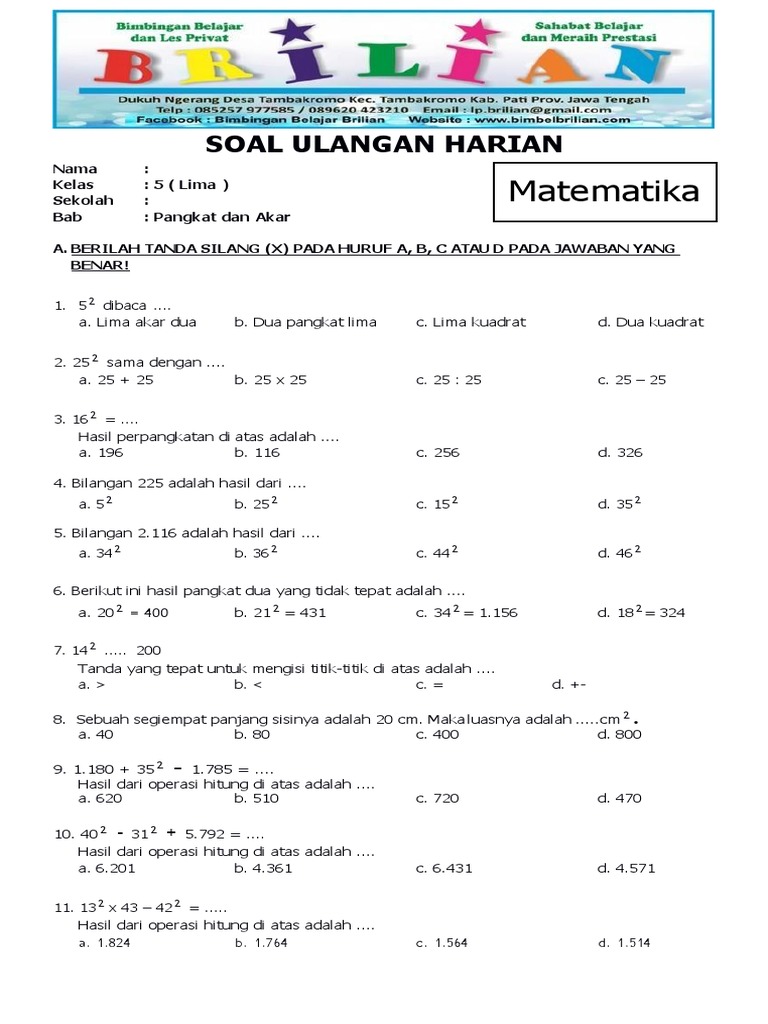 Soal Matematika Kelas 5 SD Bab 2 Pangkat Dan Akar Bilangan Bulat Dan ...