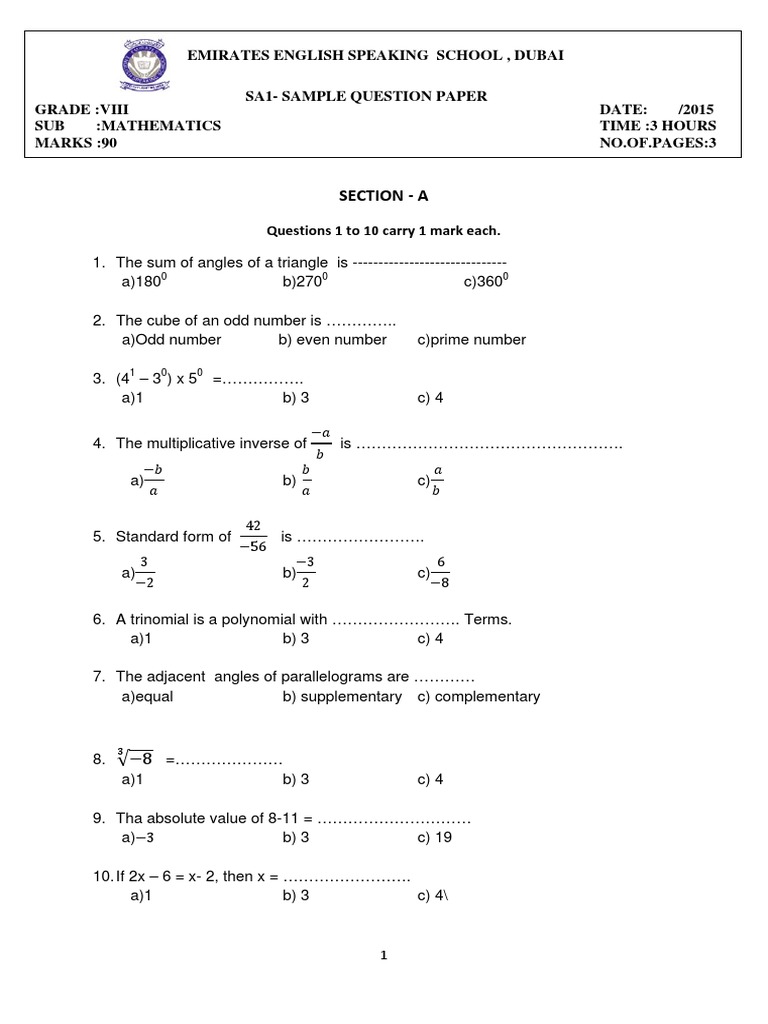 Grade 8 Maths SA1 Question Paper | PDF | Elementary Mathematics ...