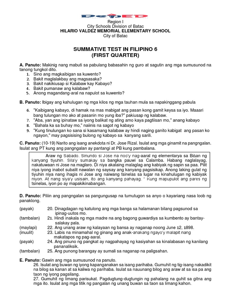 First summative test in filipino 6 first quarter pdf