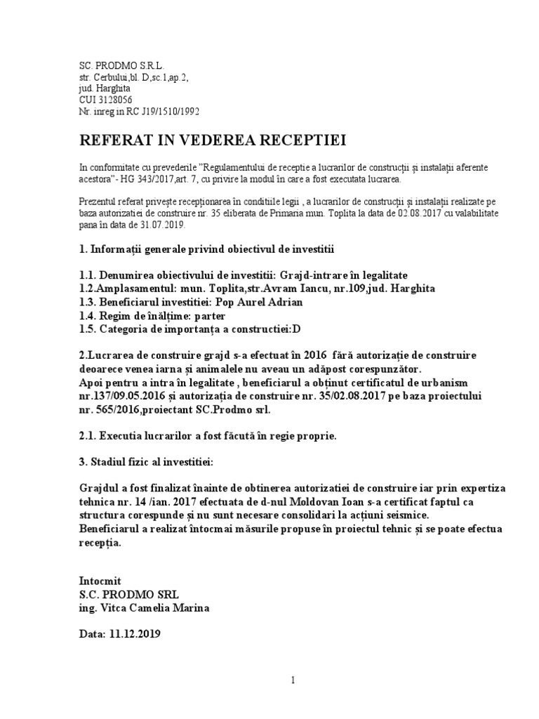 Referat In Vederea Receptiei Model Simplificat
