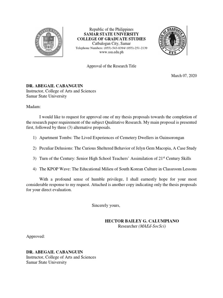 TOPIC PROPOSAL LETTER Sir Calumpiano | PDF