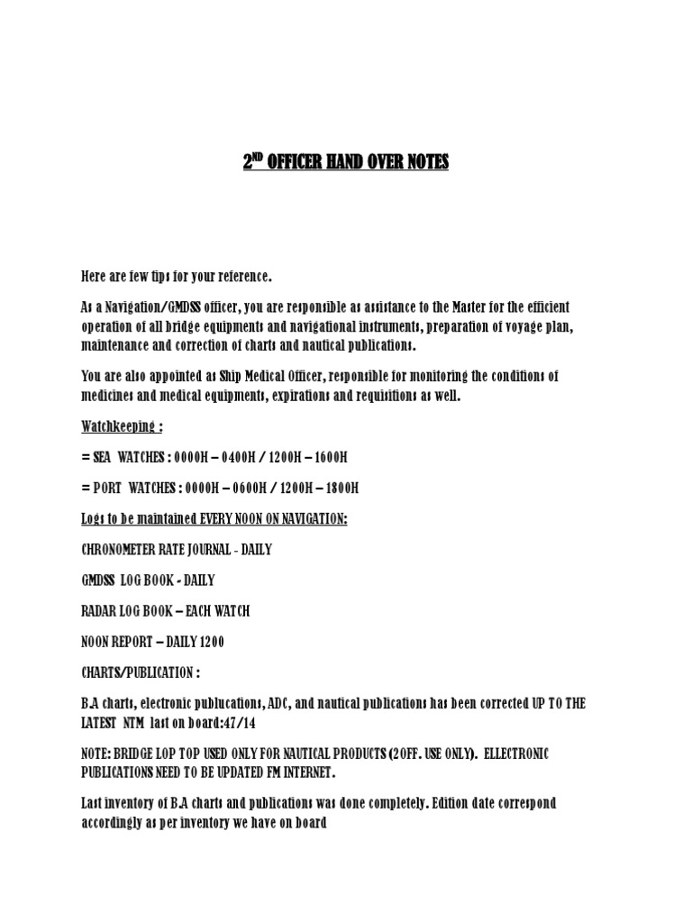 2nd Officer Handover Notes Guide | PDF | Navigation | Ships