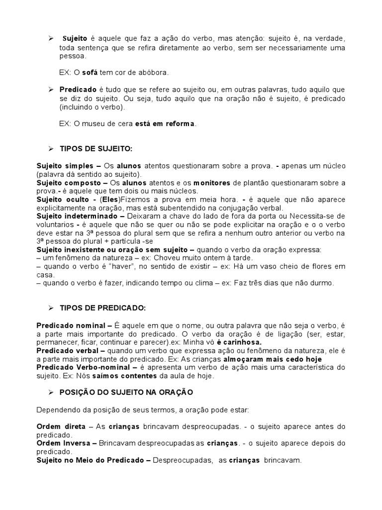 Tipos de Sujeito e Predicado | PDF | Assunto (gramática) | Predicado ...