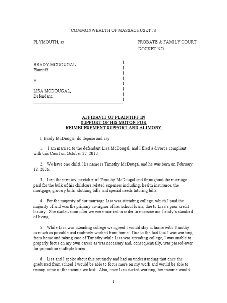 Alimony Request Affidavit by Brady McDougal | PDF | Alimony | Marriage