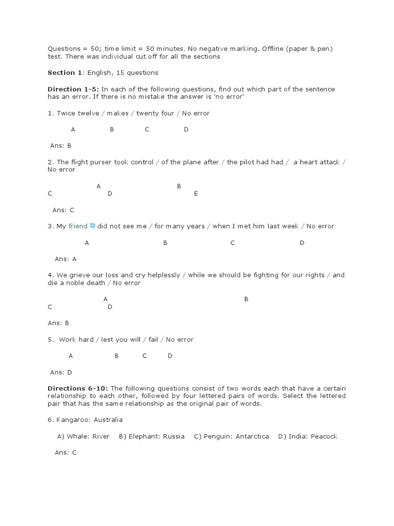 Section 1: English, 15 Questions Direction 1-5: in Each of The ...