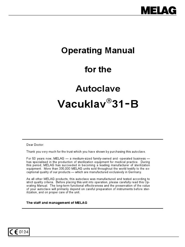 Melag Vacuklav 31B Autoclave User Manual PDF Sterilization