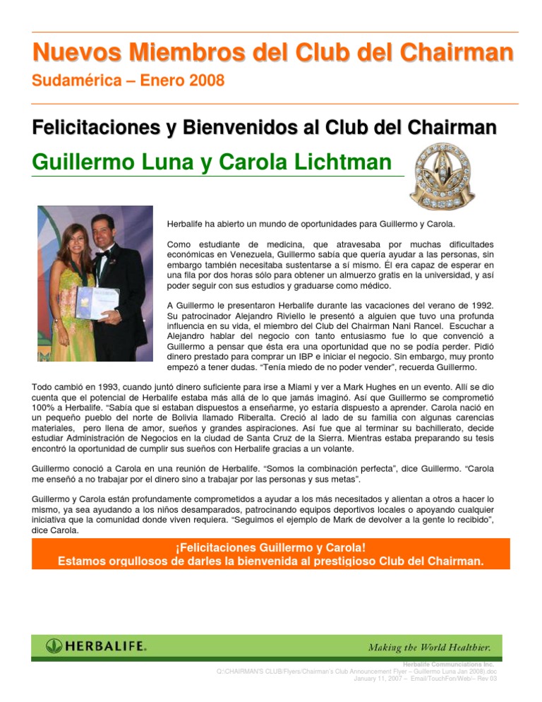 Reseña de Calificación Al Chairmans Club, Guillermo y Carola Lichtman | PDF