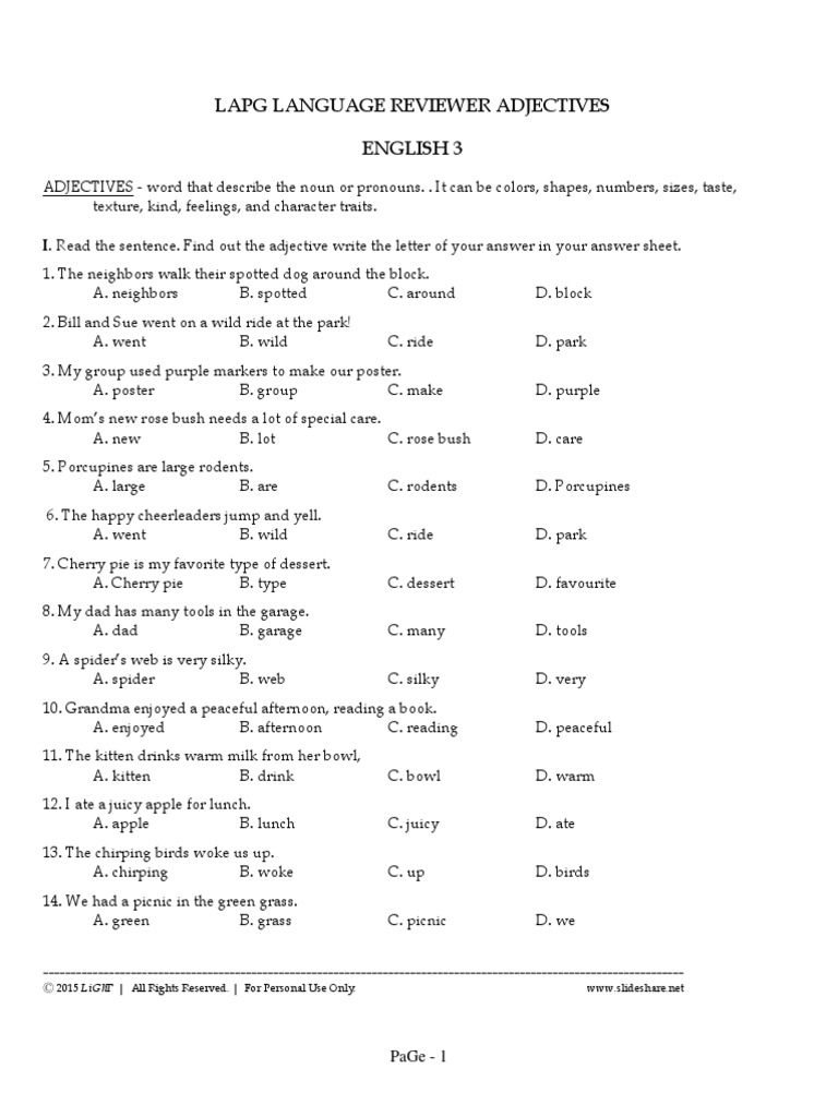 Year 3 Adjectives Language Review | PDF | Adjective