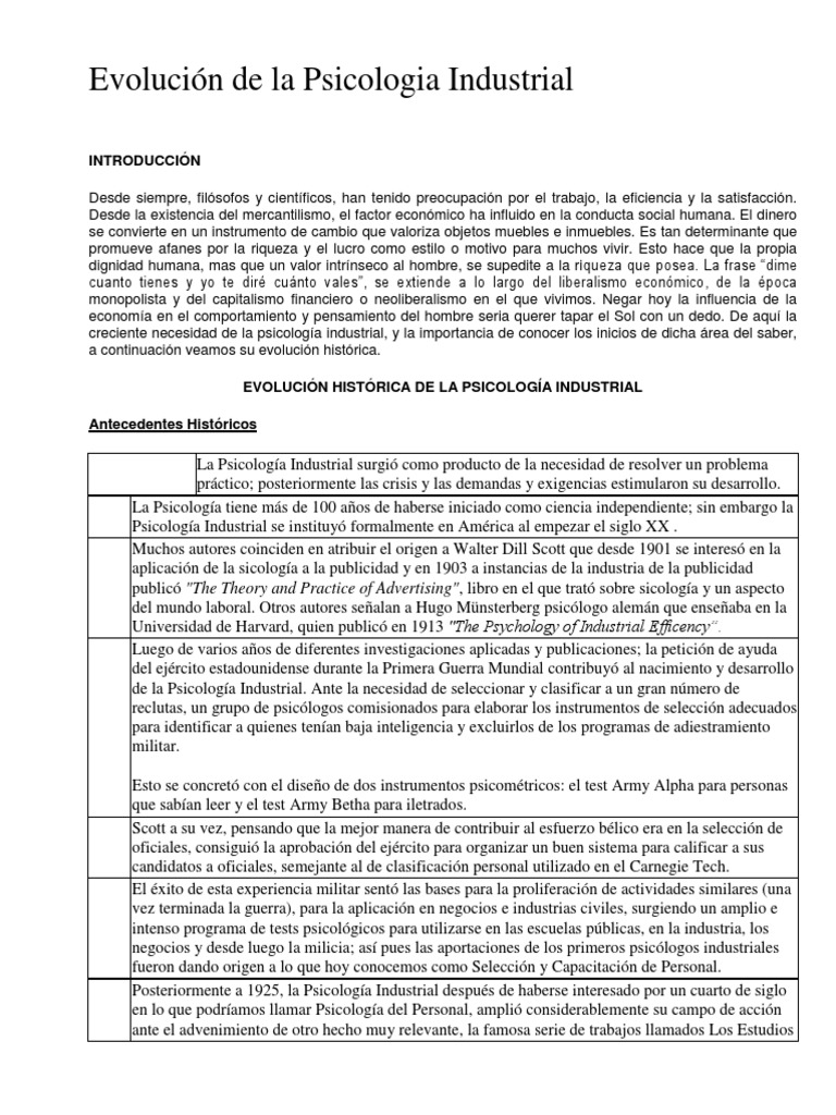 Evolución de la Psicologia Industrial Psicología industrial y organizacional Comportamiento