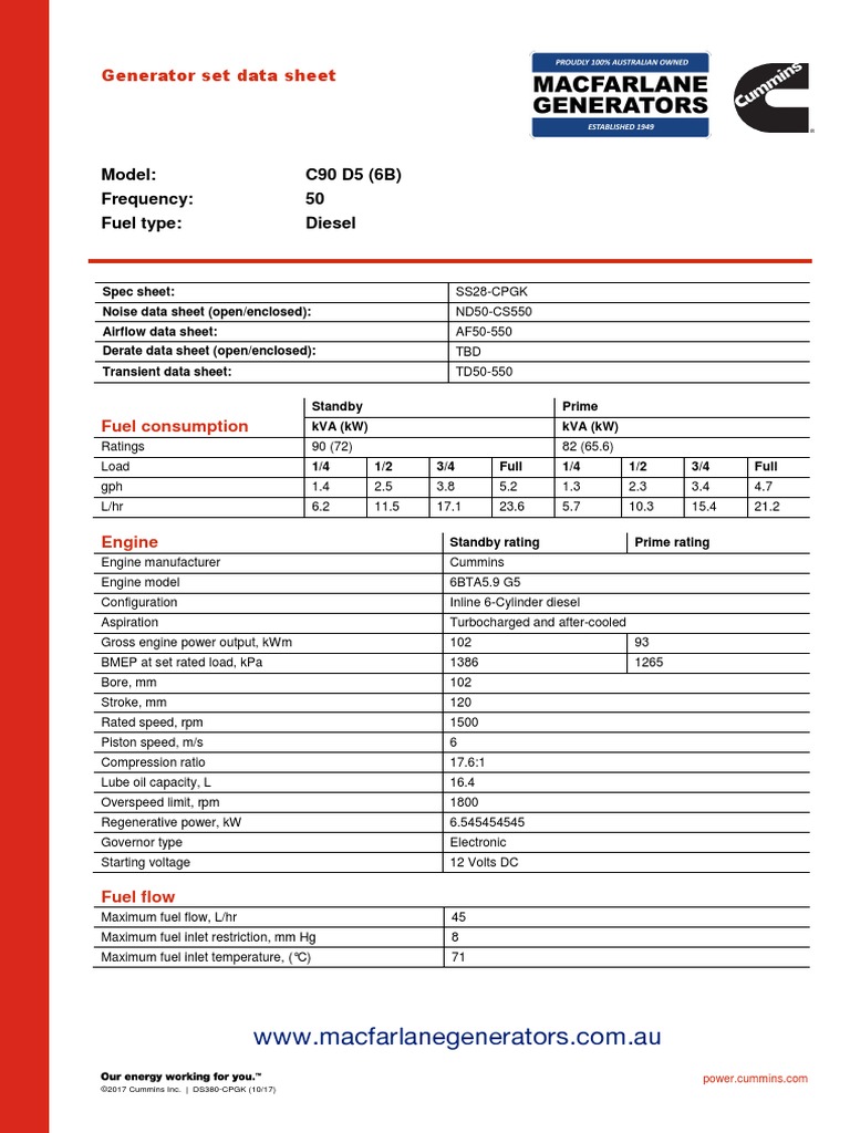 Cummins C90D5 Data Sheet Macfarlane Generators PDF | PDF | Diesel ...