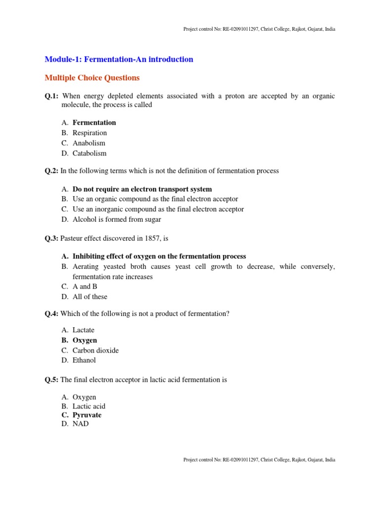 Module-1 (MCQS) Fermentation-An Introduction | PDF | Fermentation ...