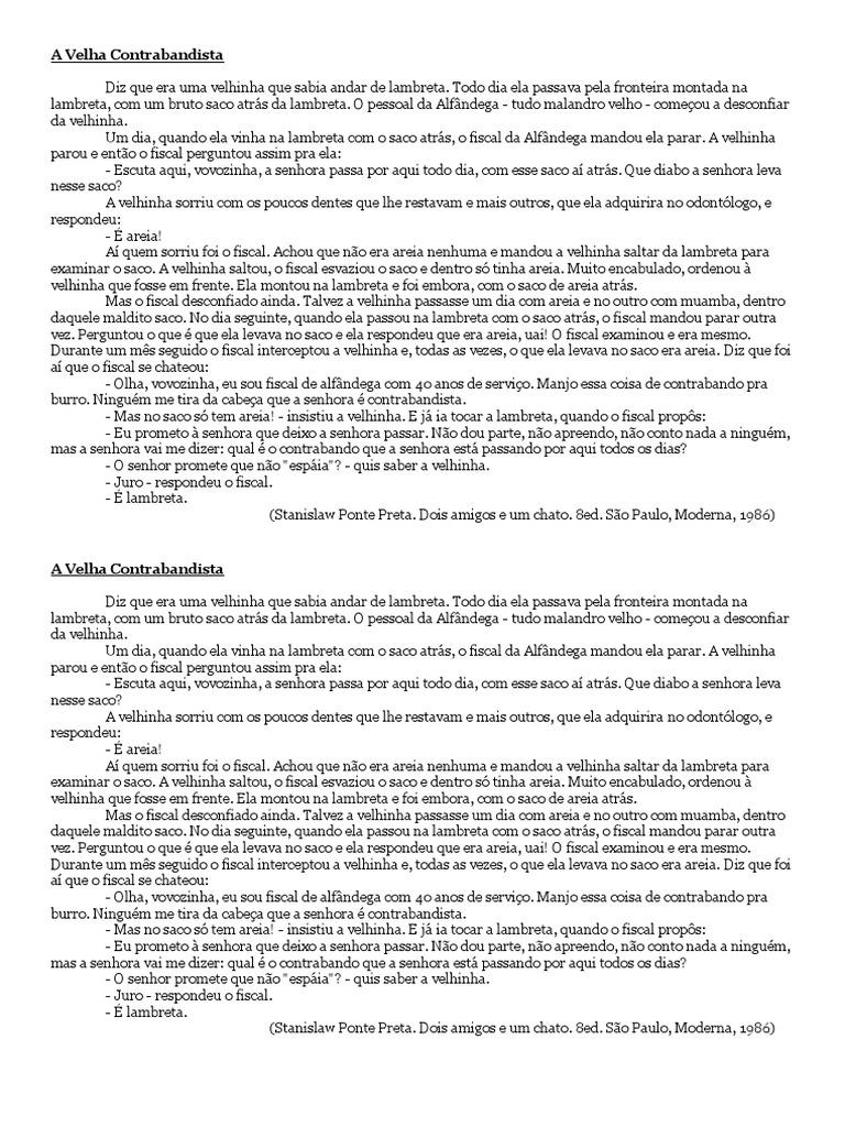 A Velha Contrabandista - Exercícios de Interpretação | PDF