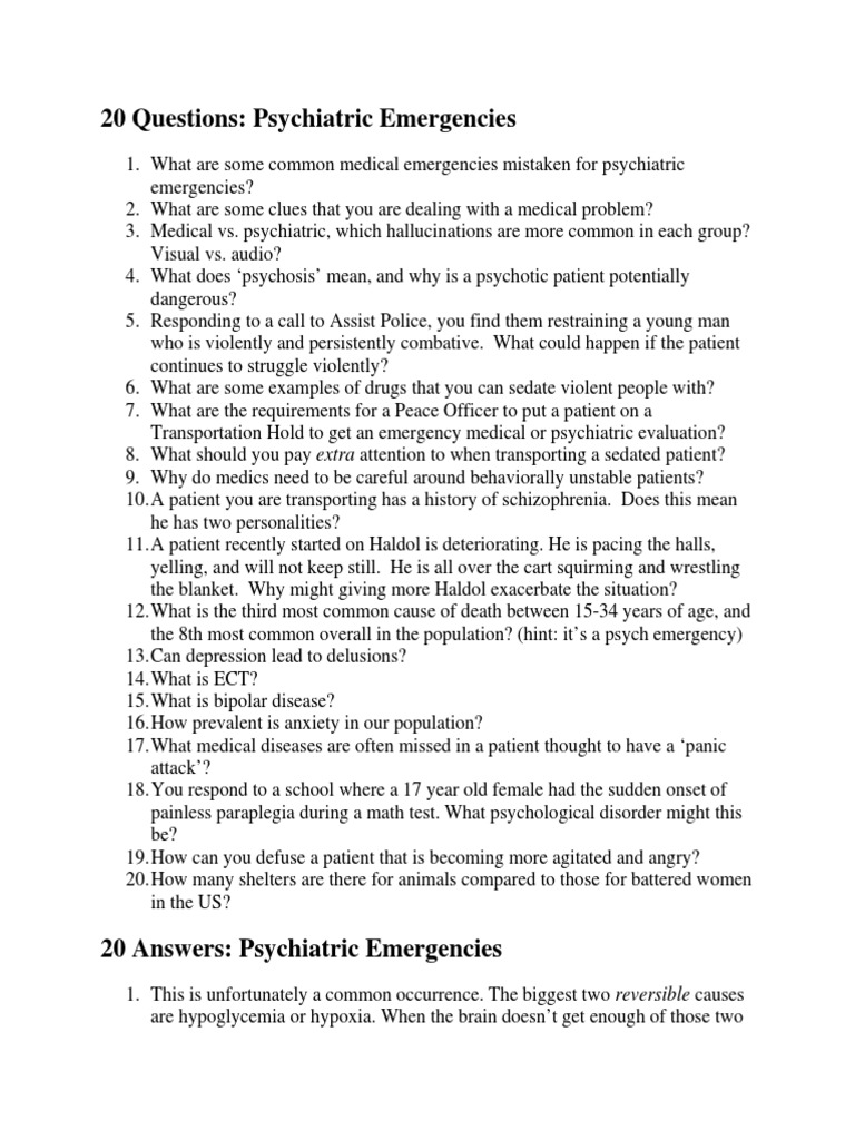 20 Questions Psychiatric Emergencies PDF | PDF