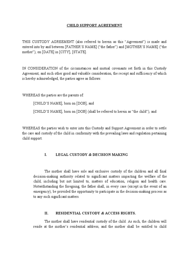 Child Support Agreement Template | PDF | Child Custody | Child Support