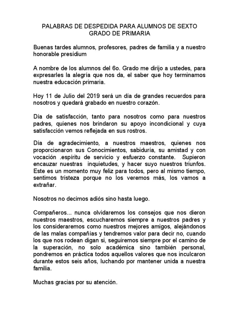 Palabras de Despedida para Alumnos de Sexto Grado de Primaria | PDF