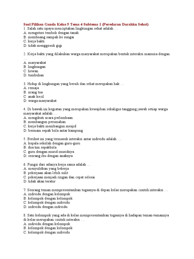 Soal Pilihan Ganda Kelas 5 Tema 4 Subtema 1