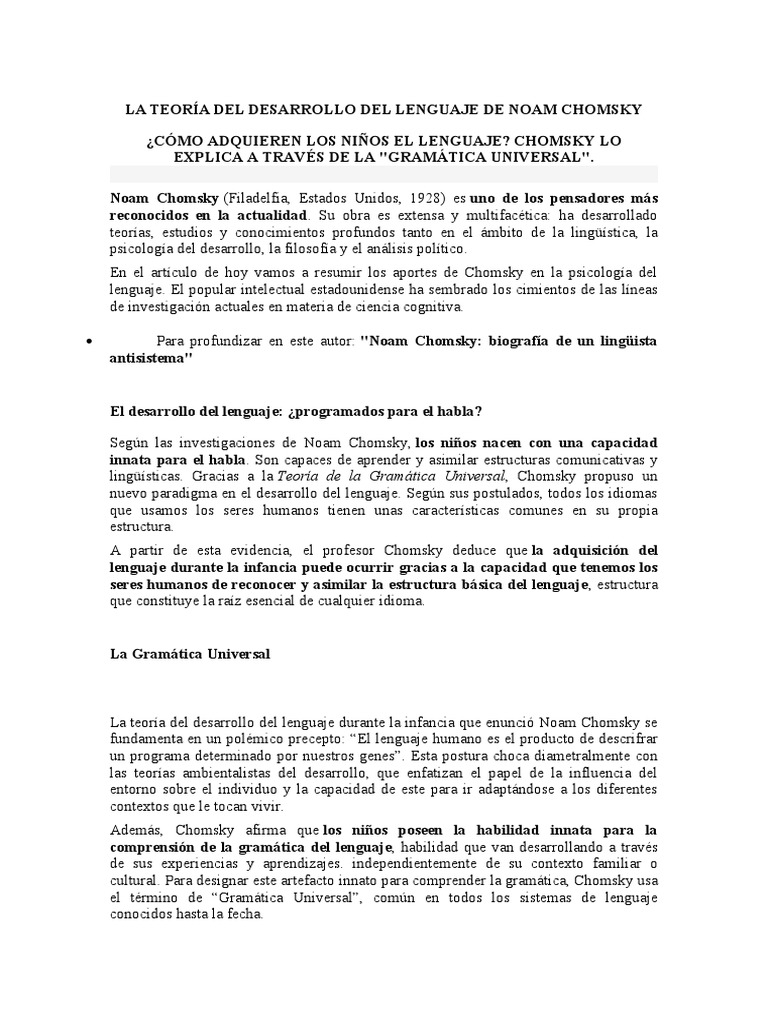 Teoría De Lenguaje De Noam Chomsky Pdf Noam Chomsky Aquisición De