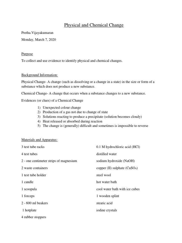 Physical and Chemical Change Lab Report PDF