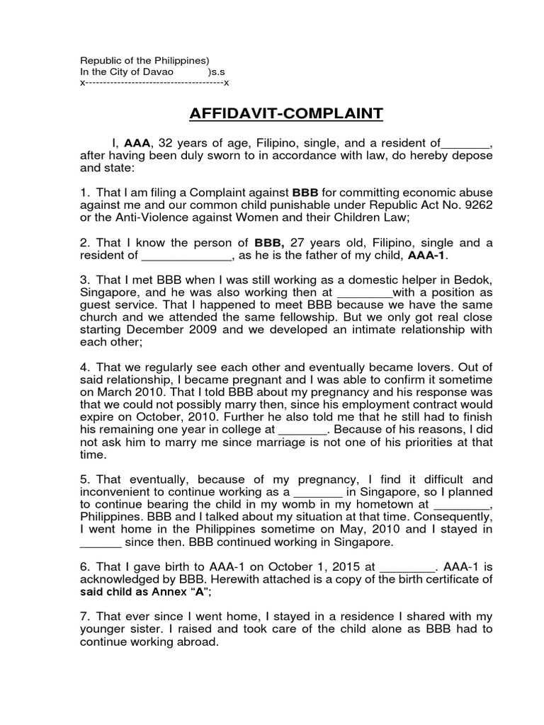 Complaint VAWC Sample PDF Affidavit Marriage