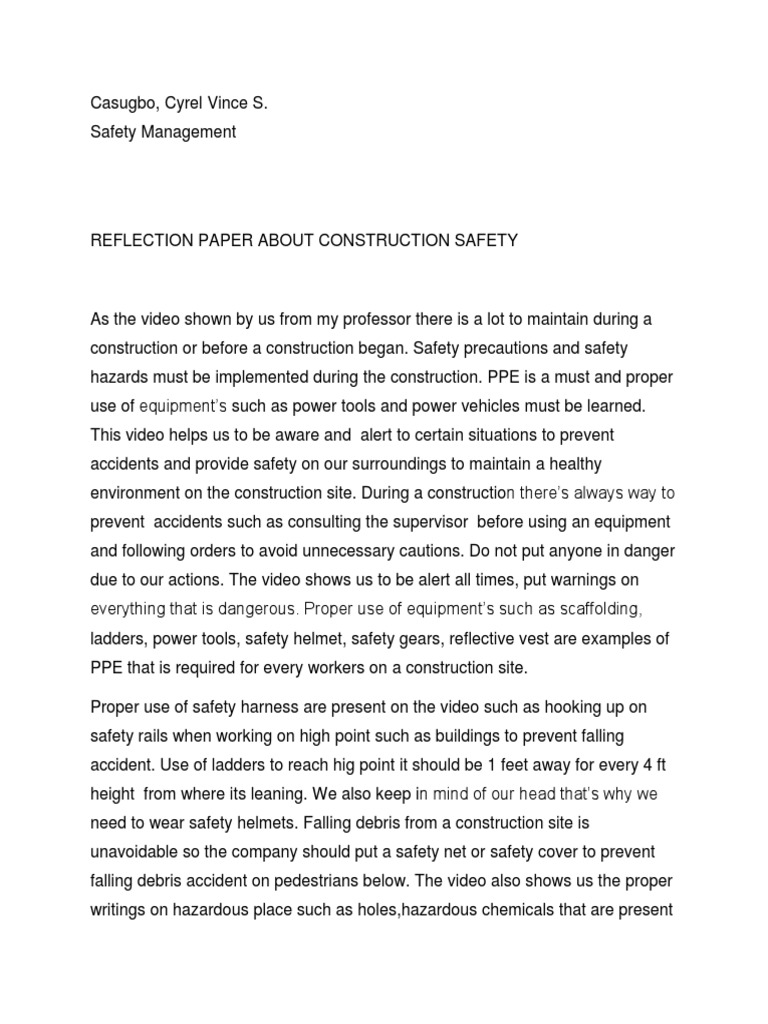 Construction Safety Reflection Paper | PDF | Personal Protective ...