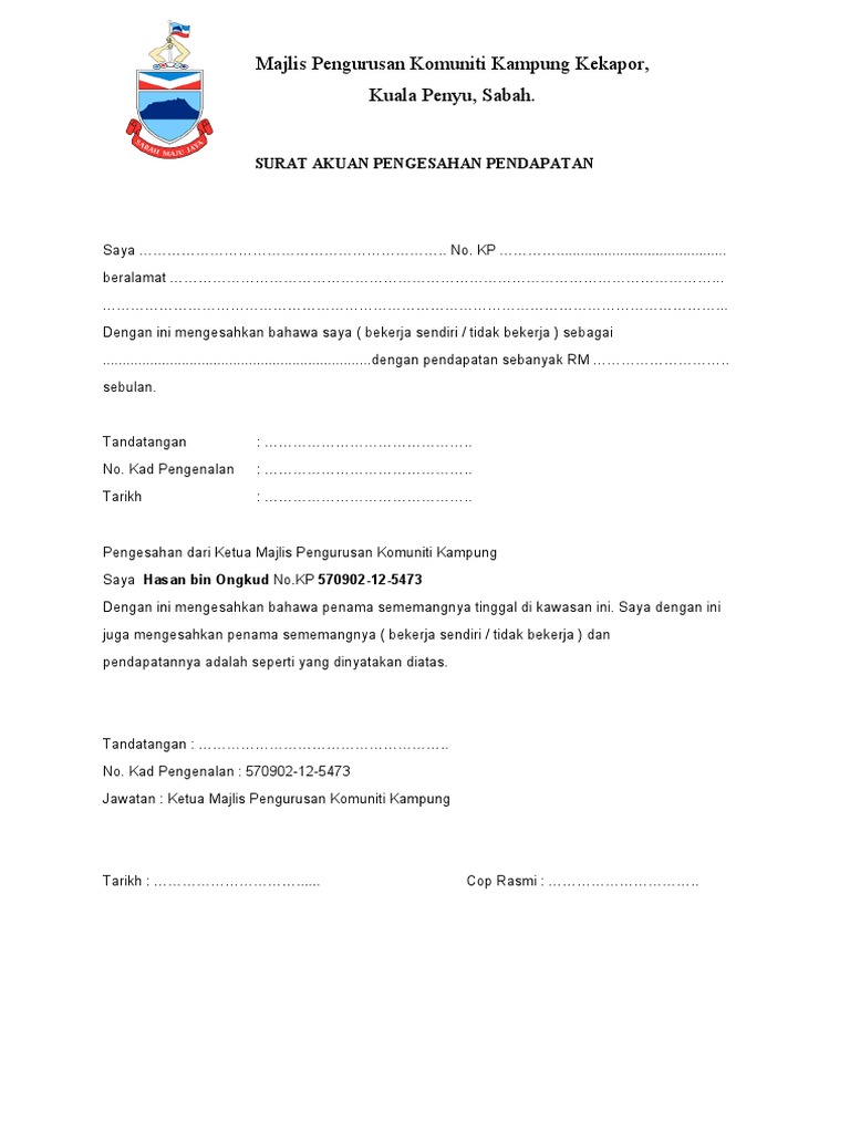 Surat Akuan Pengesahan Pendapatan Pdf