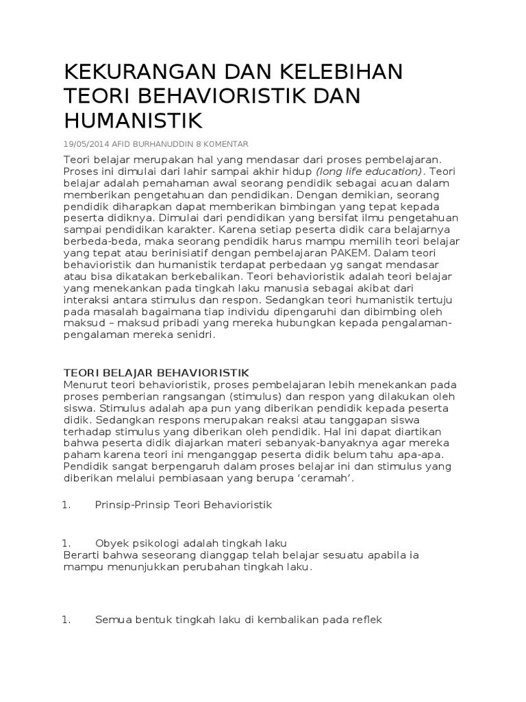 Kekurangan Dan Kelebihan Teori Behavioristik Dan Humanistik Pdf