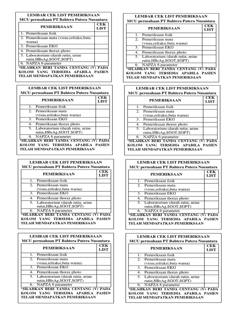 Ceklist Pemeriksaan Pt