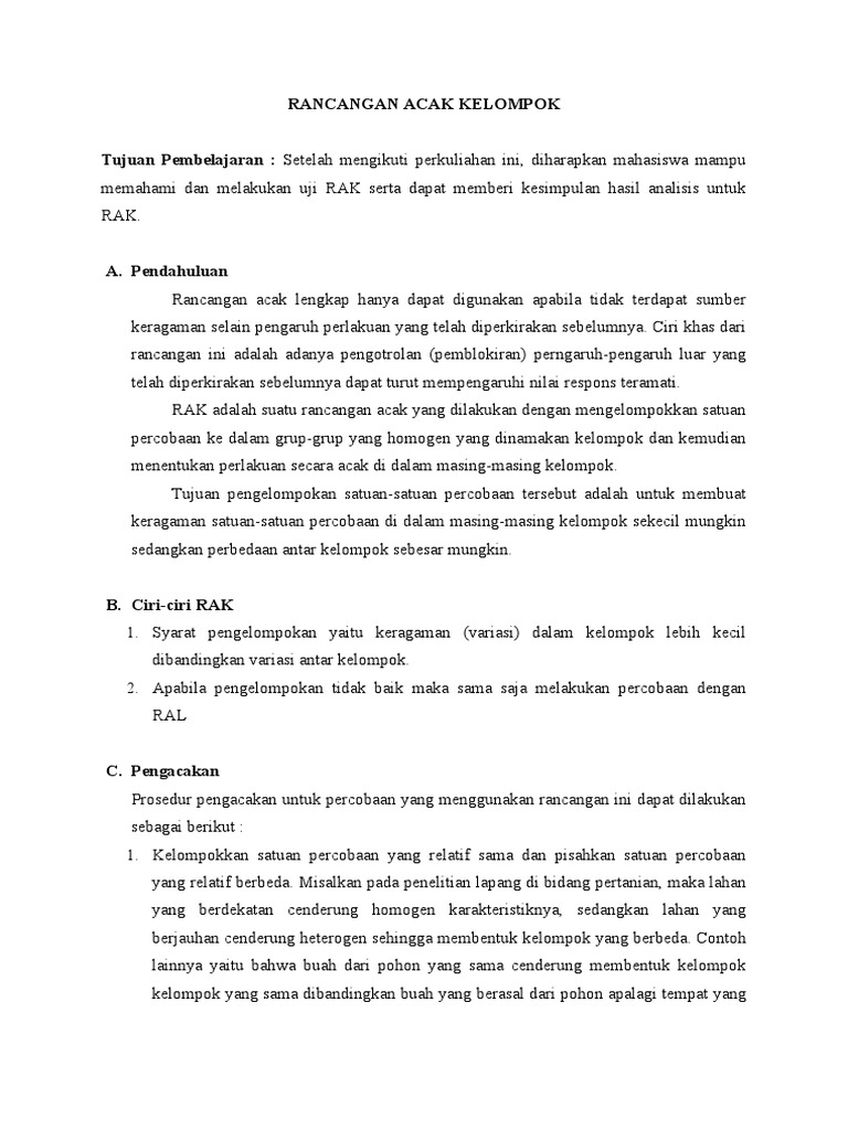 Analisis Rancangan Acak Kelompok (RAK) | PDF