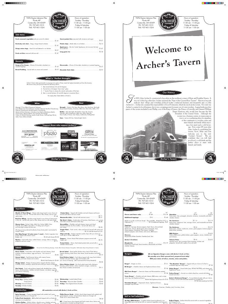 Archers Tavern Menu PDF Salad Hamburgers