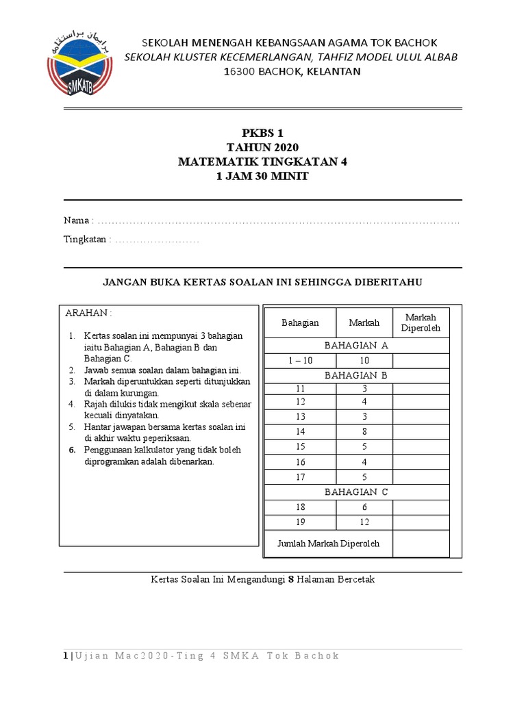 Bank Soalan Matematik Tingkatan 4 Dan Skema Jawapan Doc  melayutingkatan