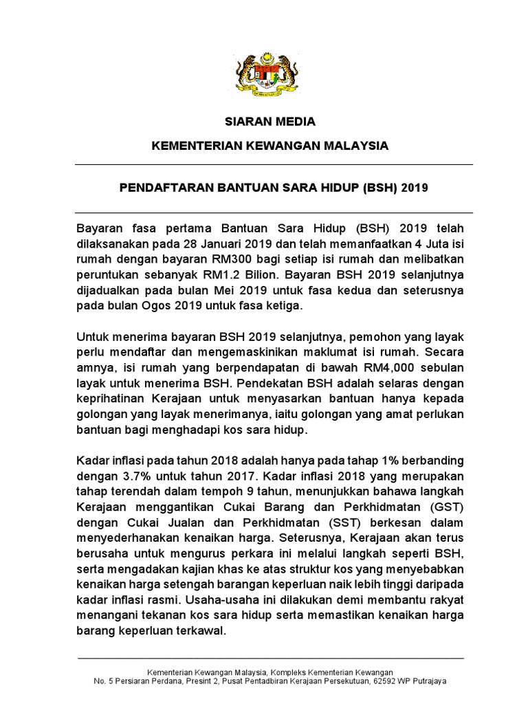 Maklumat Terkini Tarikh Kemaskini Bantuan Sara Hidup Rakyat Bsh 2019