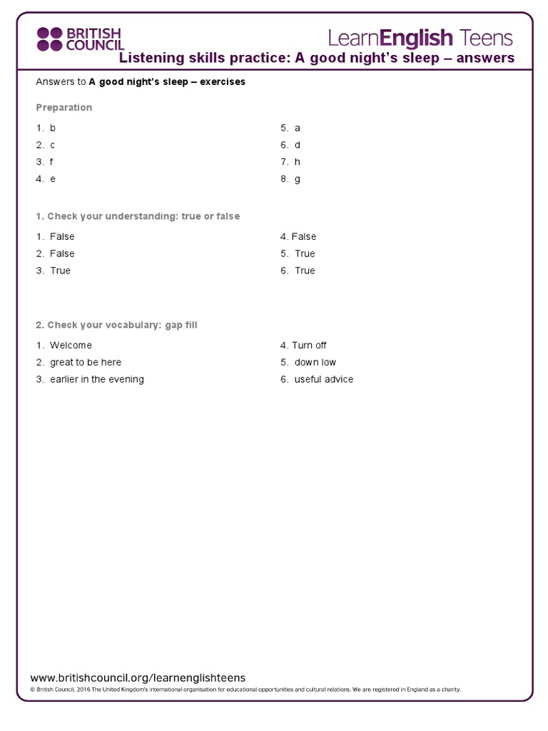 Sleep Exercise Answers | PDF | Foreign Language Studies | Self-Improvement